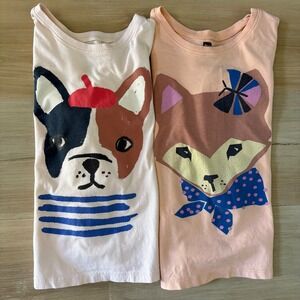 Tea Collection Graphic Tees Size 5 Pink Peach Frenchie Fox Long Sleeve Lot of 2